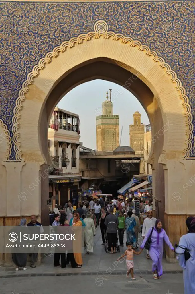 City gate and view into the Medina, Old town with minaret, Bab Boujeloud, Fes, Morocco, Africa