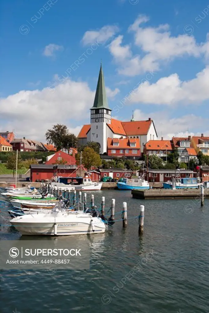 Fishing boats and church, Ronne, Bornholm, Hovedstaden, Denmark