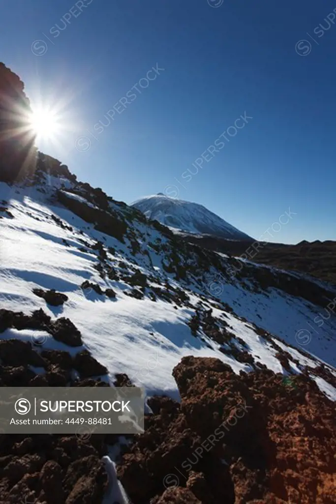 Teide 3718m, volcanic mountain, view from Canadas del Teide, Teide National Park, UNESCO world heritage, Tenerife, Canary Islands, Spain, Europe