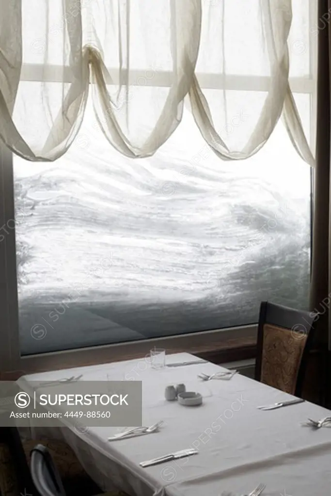 View out of a window of a ski resort hotel after a snowstorm, Uludag, Bursa, Turkey