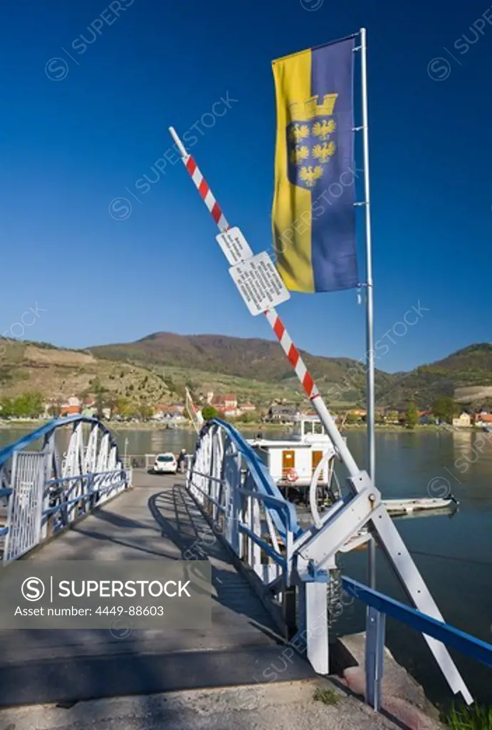 Ferry on the river under blue sky, Weissenkirchen, Wachau, Lower Austria, Austria, Europe