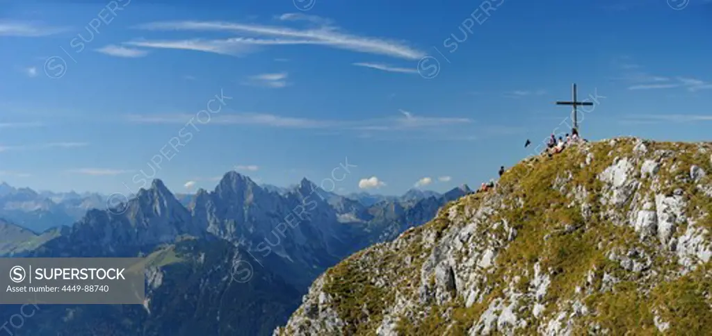Panorama to summit of Sauling with Tannheimer mountain range in the background, Ammergau Alps, Oberallgau, Bavaria, Germany
