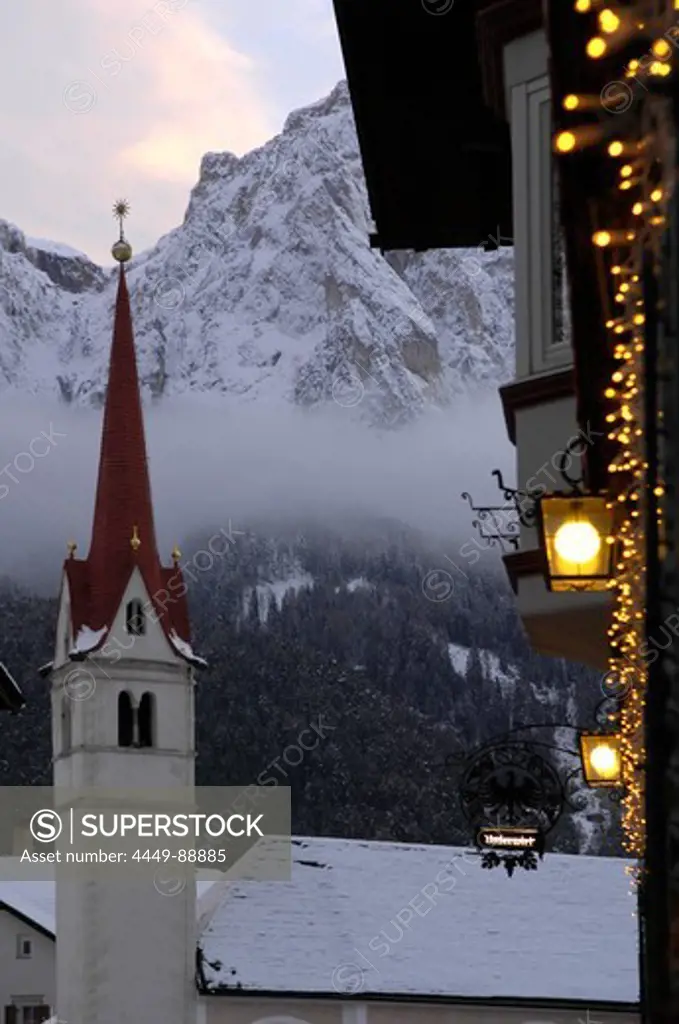Church at Seis am Schlern in the evening, Schlern, Dolomites, Alto Adige, South Tyrol, Italy, Europe