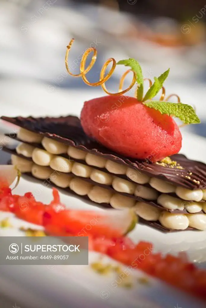 Mille Feuille of white and dark chocolate with marinated strawberries and strawberry sorbet, Restaurant Bosmans at Grande Roche Hotel, Paarl, Cape Town, Western Cape, South Africa, RSA, Africa