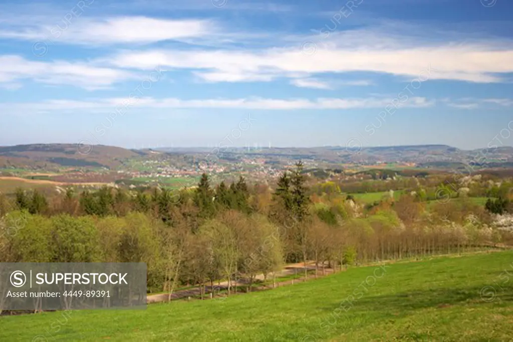 View from the Schaumberg at Freisener Hoehe with Selbach (left) and Neunkirchen, Saarland, Germany, Europe