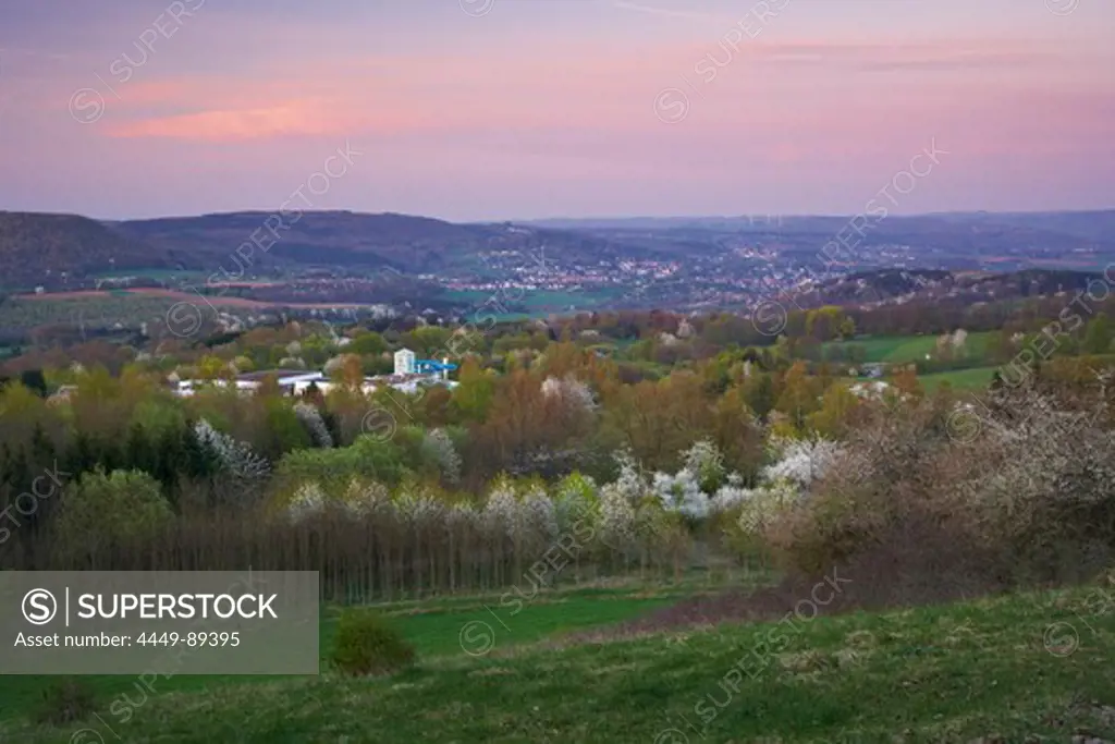 View from the Schaumberg at Freisener Hoehe with Selbach, Spring, Cherry blossom, Saar-Nahe-Bergland, Saarland, Germany, Europe