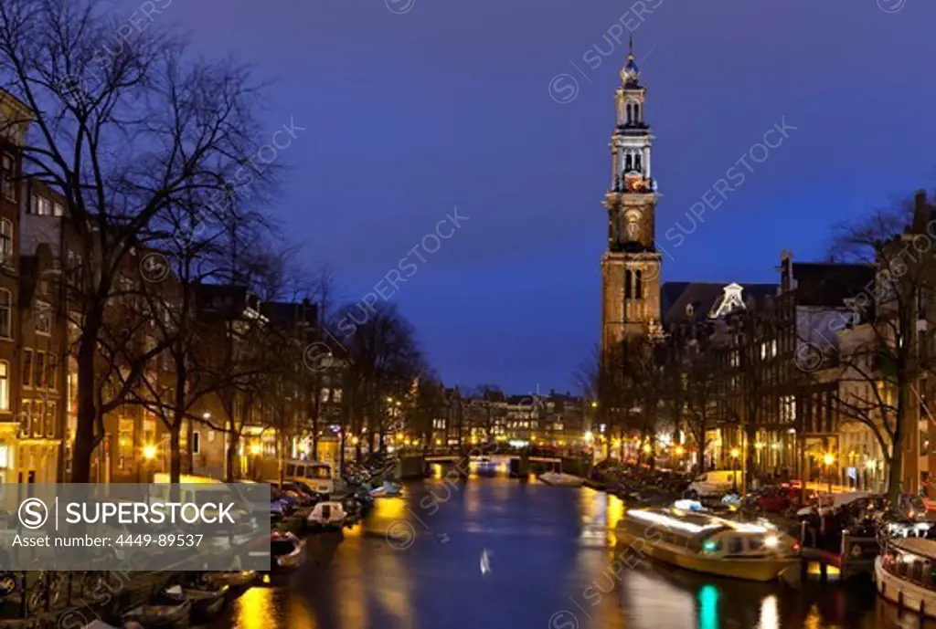 Westerkerk church tower on Prinsengracht at night, Amsterdam, Netherlands
