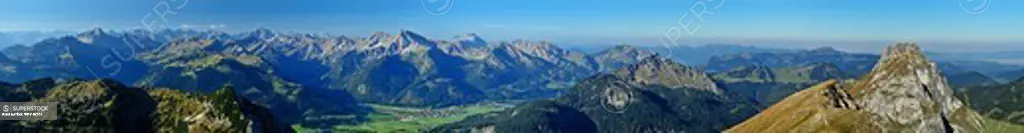 Panorama of Allgaeu range, Tannheim range and Aggenstein, Brentenjoch, Tannheim range, Allgaeu range, Tyrol, Austria