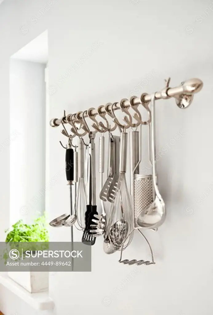 Kitchen utensils on the wall, Kitchen furnished in country style, Hamburg, Germany