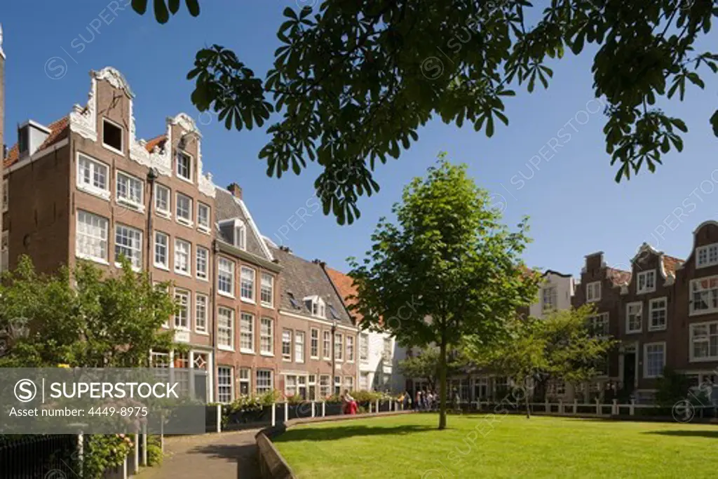 Amsterdam Houses, Begijnhof, Old gabled houses of Begijnhof at a sunny day, Amsterdam, Holland, Netherlands