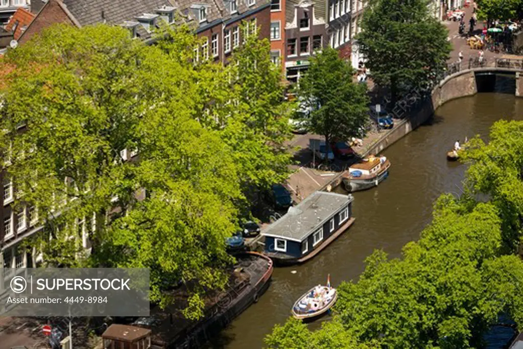 Houses, Canal, Boats, Jordaan, Prinsengracht, View over Jordaan and Prinsengracht with boats from Westerkerk church tower, Amsterdam, Holland, Netherlands