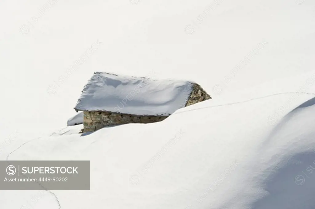 Snowy mountain hut, Tignes, Val d Isere, Savoie department, Rhone-Alpes, France