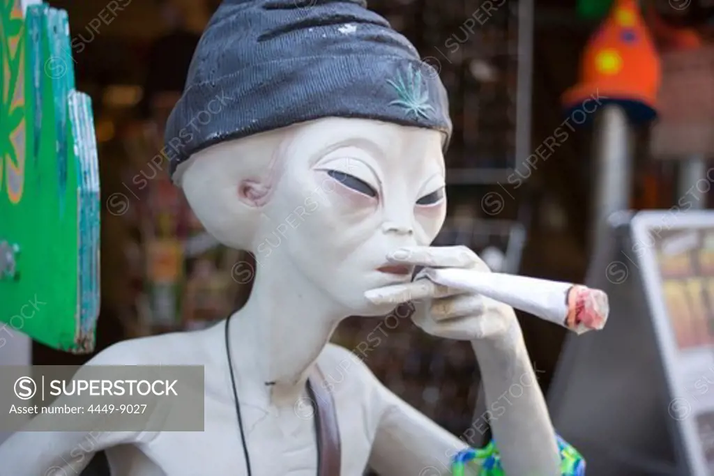 Exterior of a Coffeeshop, Spacy alian-sculpture holding a big joint, outdoor advertising of a Coffeeshop, Amsterdam, Holland, Netherlands