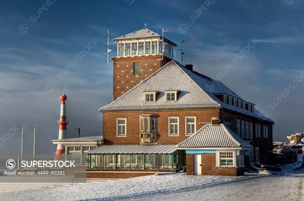 Beach hall at the dyke in winter, Bremerhaven, Germany, Europe