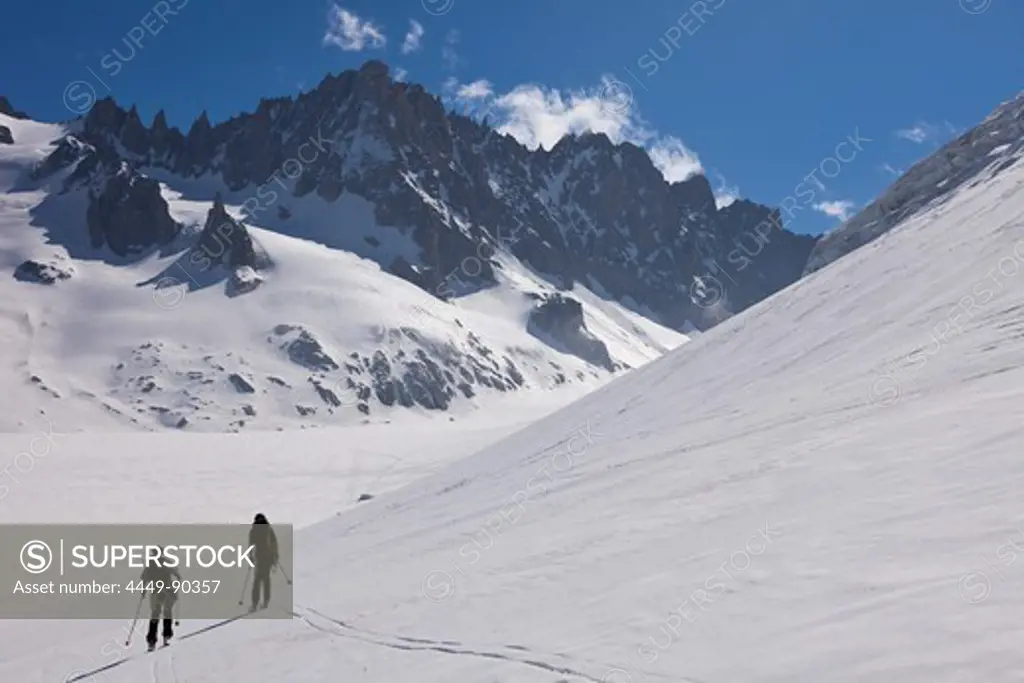 Backcountry skiers on glacier, Chamonix Mont Blanc, France, Europe