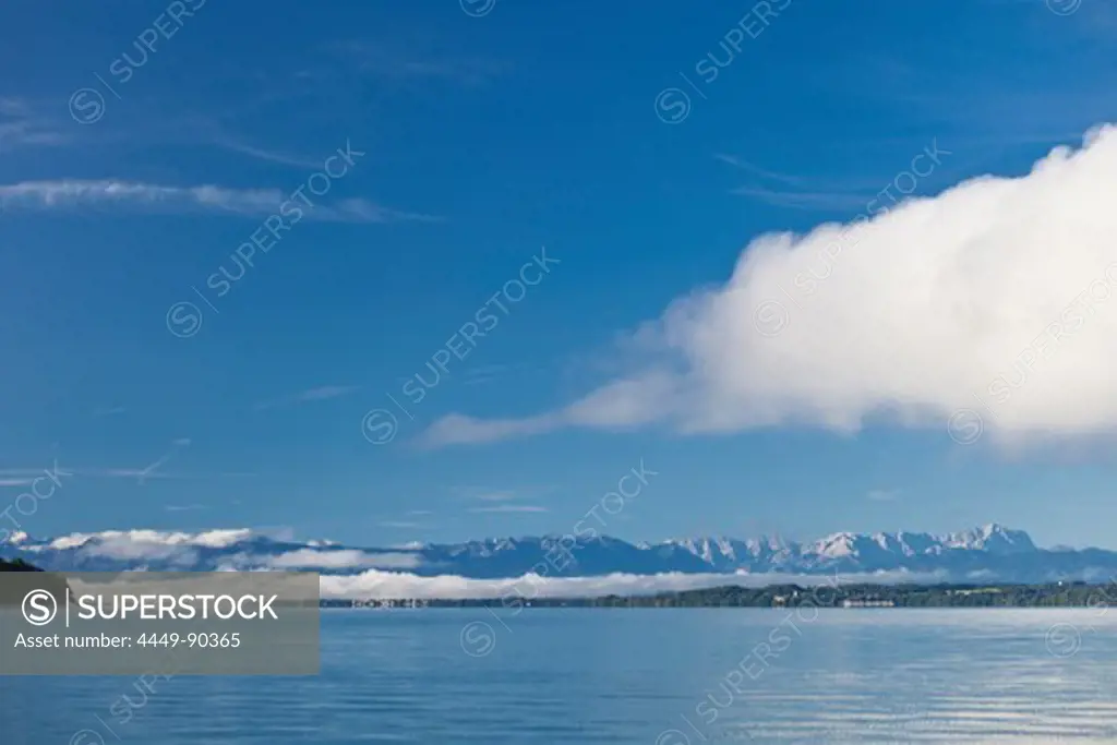 Lake Starnberg with Alps and Zugspitze, Upper Bavaria, Germany, Europe