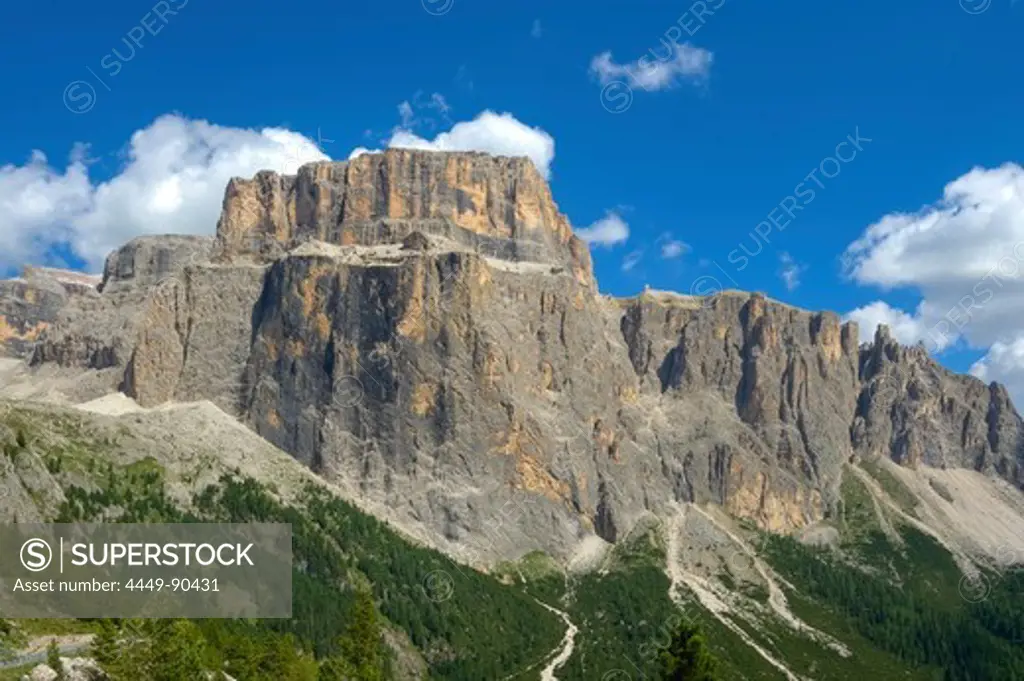 View of Sass Pordoi and Sella pass, Dolomites, Belluno, Italy, Europe