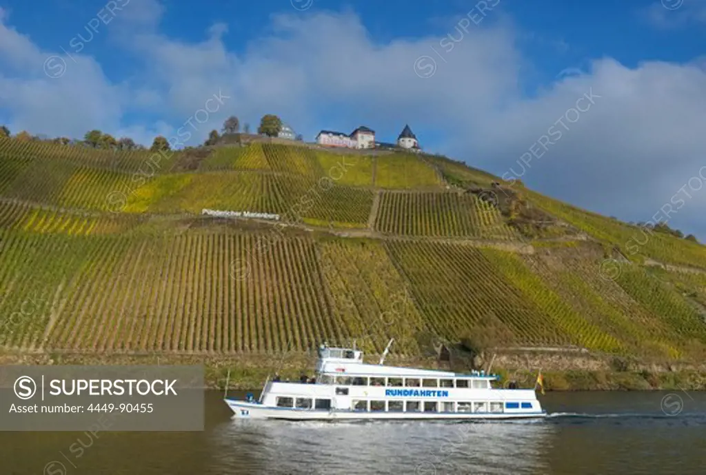 View of Marienburg castle and excursion boat on Moselle river, Puenderich, Rhineland-Palatinate, Germany, Europe
