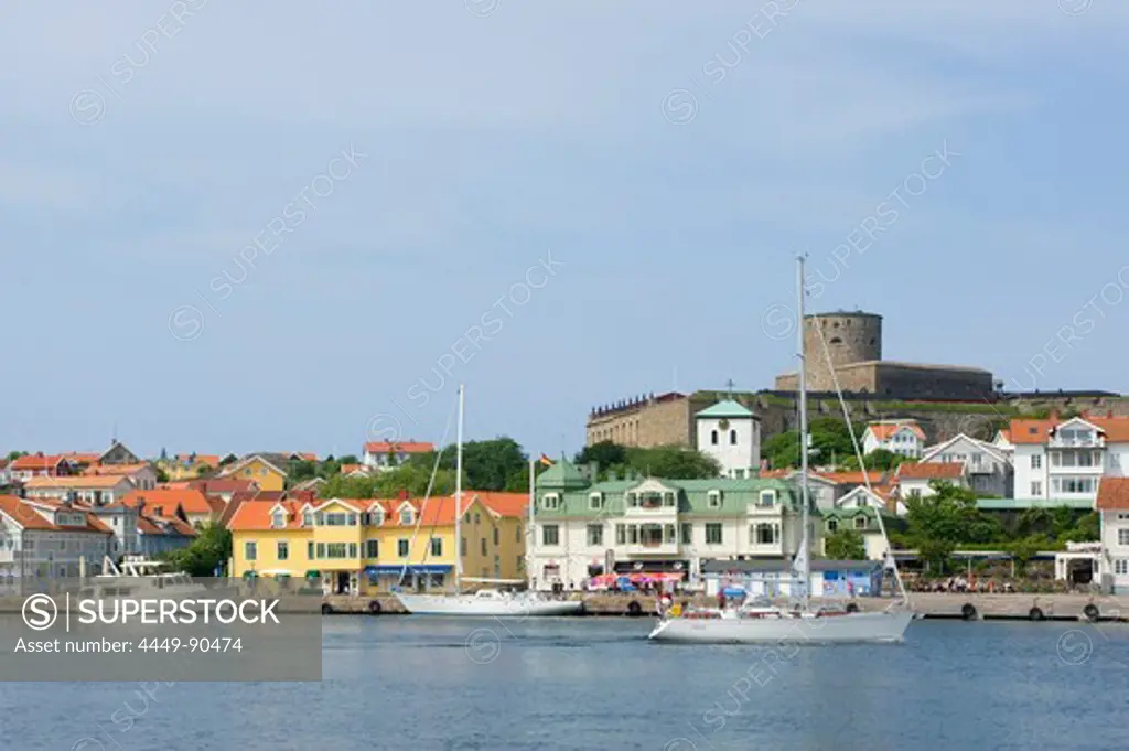 View of seaport with fort Carlsten, Marstrand, Bohuslan, Vastra Gotalands lan, Sweden, Europe