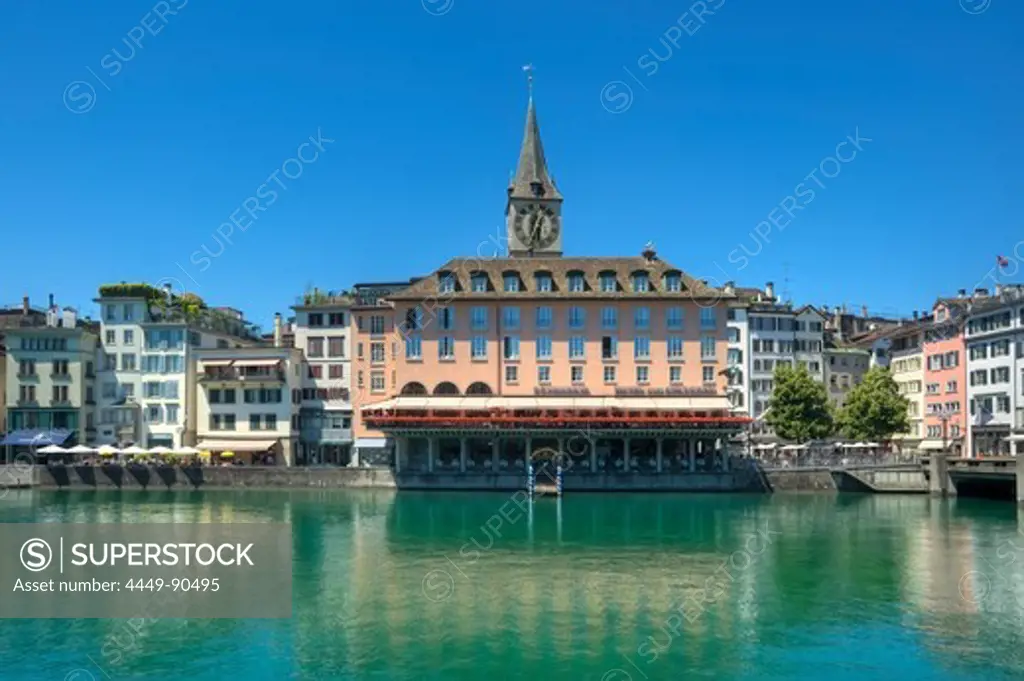 Limmat river with St. Peter and Hotel zum Storchen, Zurich, Switzerland, Europe