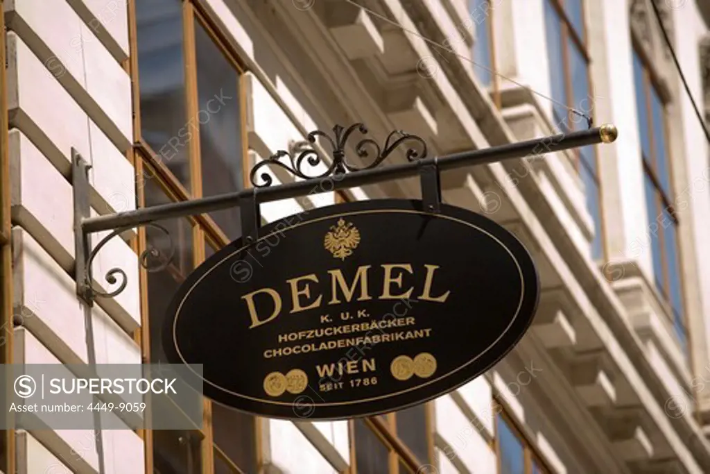 Signboard of Cafe Demel K. und K. Hofzuckerbaeckerei Ch. Demel 's Soehne, Kohlmarkt, Vienna, Austria