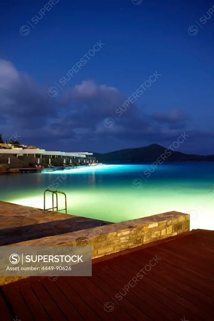 Hotel terraces at sea, Elounda, Agios Nikolaos, Crete, Greece