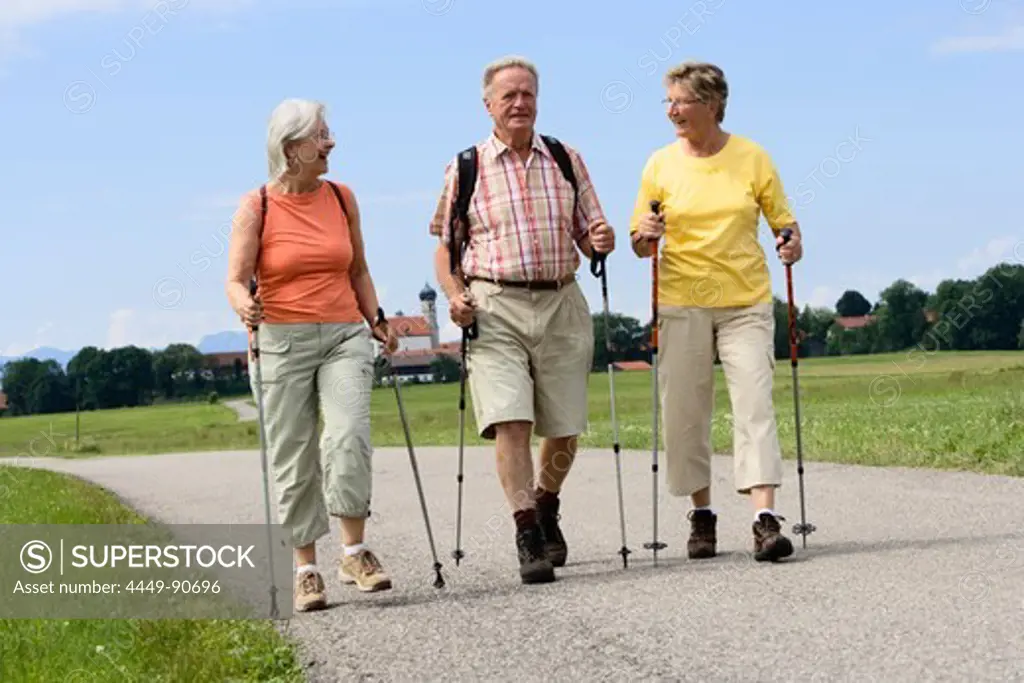 A group of pensioners hiking, Upper Bavaria, Bavaria, Germany, Europe