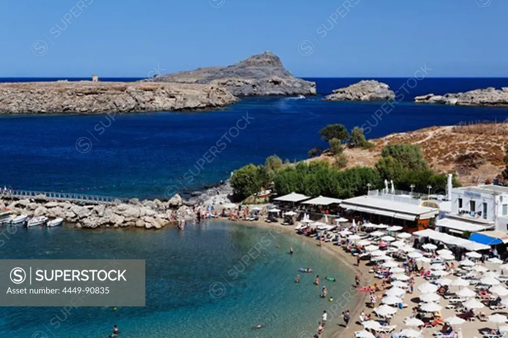 Pallas Beach in the sunlight, Lindos, Rhodes, Dodecanese Islands, Greece, Europe