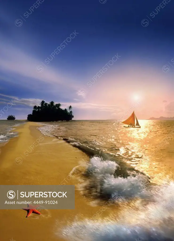 Starfish and waves at sunset with outrigger, Cebu, Visayas, Palawan Islands, Philippines, Asia