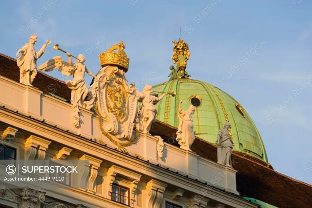 Detail of the Reichskanzleitrakt's roof and cupola of the Michaelertrakt, Alte Hofburg, Vienna, Austria