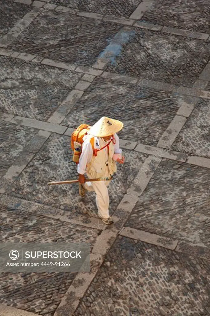 Japanese pilgrim on the Camino de Santiago in Santo Domingo de la Calzada, La Rioja, Spain