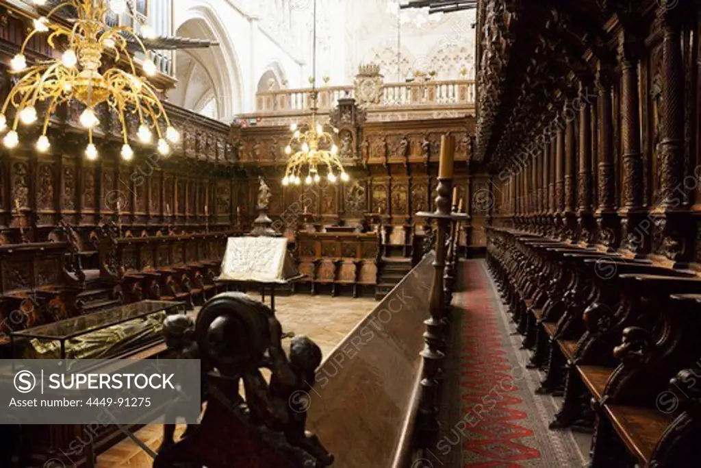 Choir stalls from the 16th century from Felipe de Vigarny in Burgos cathedral, Castile-Leon, Spain