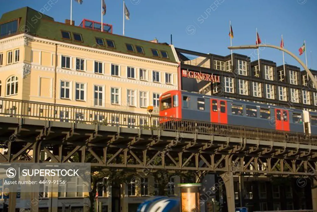 The skytrain driving on a viaduct at Baumwall, Hamburg, Germany