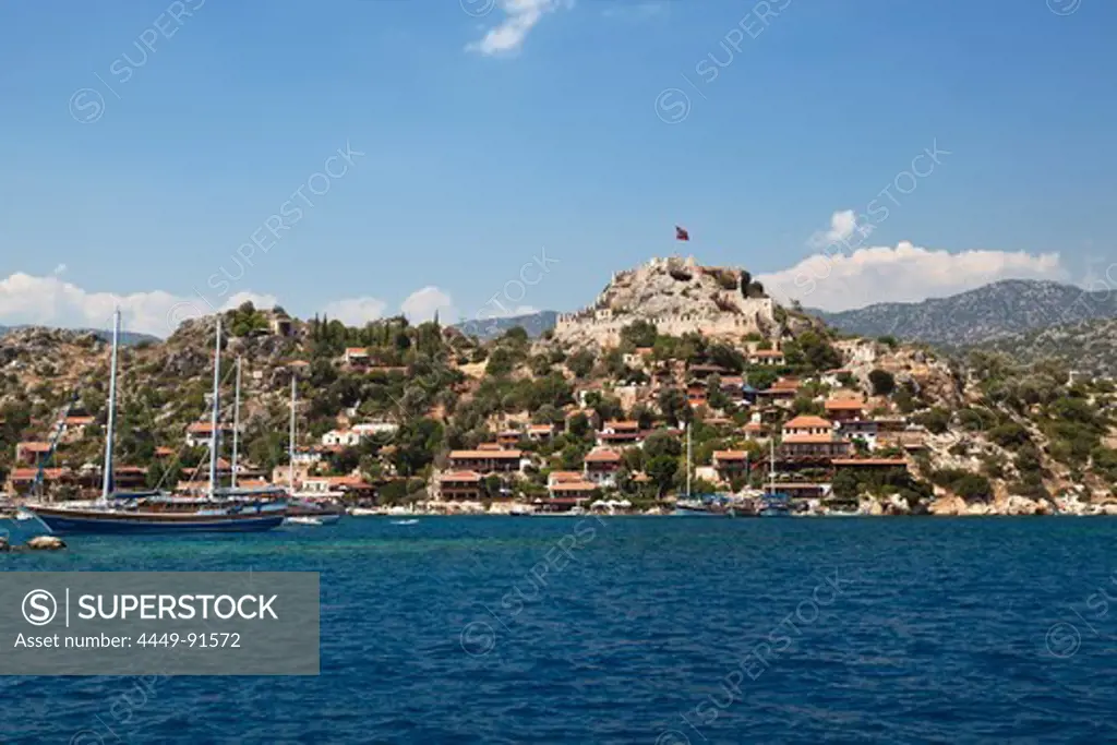 Simena with Kalekoy castle, lycian coast, Mediterranean Sea, Turkey