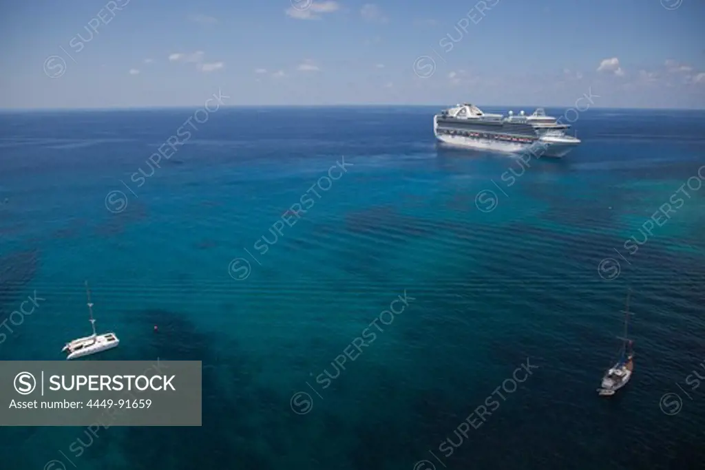 Aerial view of sailboats and cruise ship Crown Princess (Princess Cruises), George Town, Grand Cayman, Cayman Islands, Caribbean
