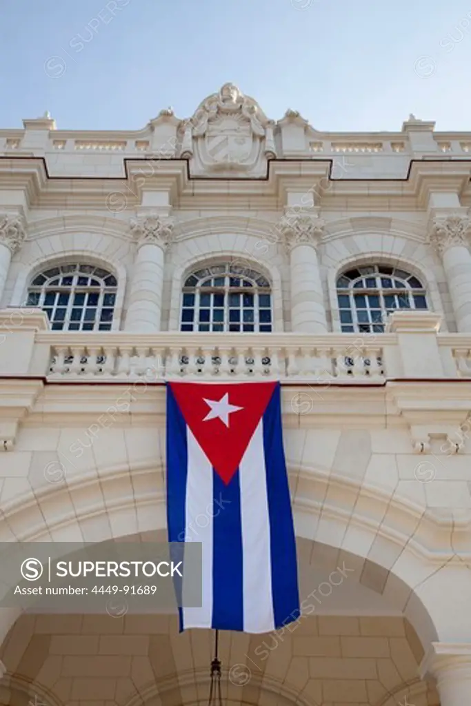 Cuban flag hanging outside a building, Havana, Havana, Cuba, Caribbean
