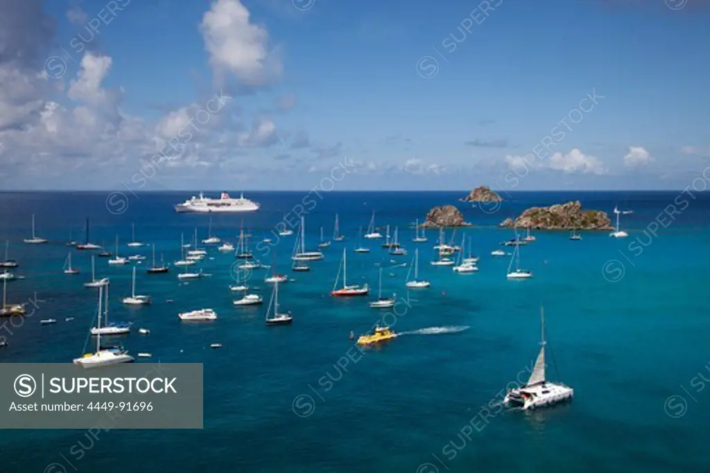 Cruise ship MS Deutschland (Reederei Peter Deilmann) and yachts moored in the harbour, Gustavia, St. Barthelemy, St. Barth, Lesser Antilles, Caribbean
