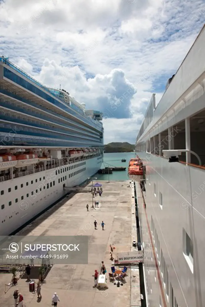Cruise ships Emerald Princess (Princess Cruises) and MS Deutschland (Reederei Peter Deilmann) at pier, St. John's, St. John, Antigua, Antigua and Barbuda, Caribbean