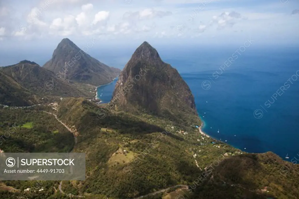 Aerial view of The Pitons, Soufriere, Soufriere, Saint Lucia, Caribbean