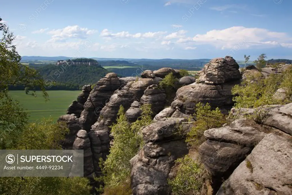 View from Pfaffenstein Rock onto Koenigstein castle, National Park Saxon Switzerland, Elbe Sandstone Mountains, Saxony, Germany, Europe