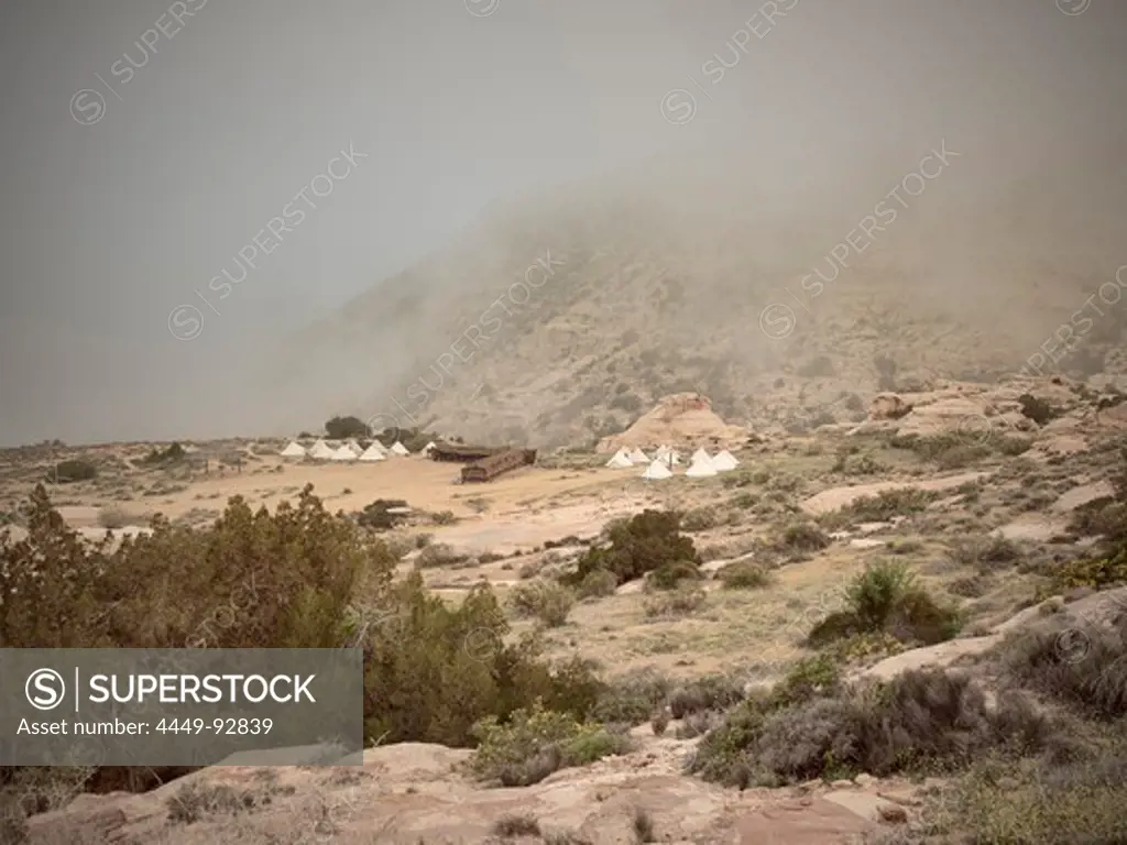 Rummana camping ground surrounded by clouds, Beduin tents at Dana nature reserve, UNESCO world herritage, Dana, Jordan, Middle East, Asia