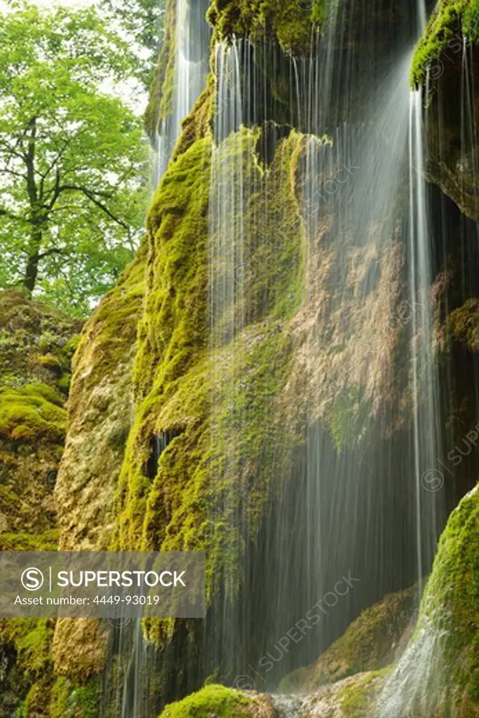 Water running over a moss-covered rock face, Schleierfall, Schleier waterfall, Ammer, Pfaffenwinkel, Garmisch, Upper Bavaria, Bavaria, Germany
