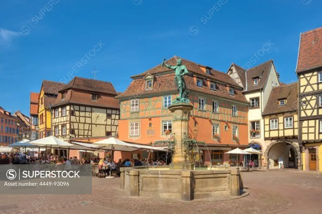 Schwendi well in front of half timbered houses, Colmar, Alsace, France, Europe