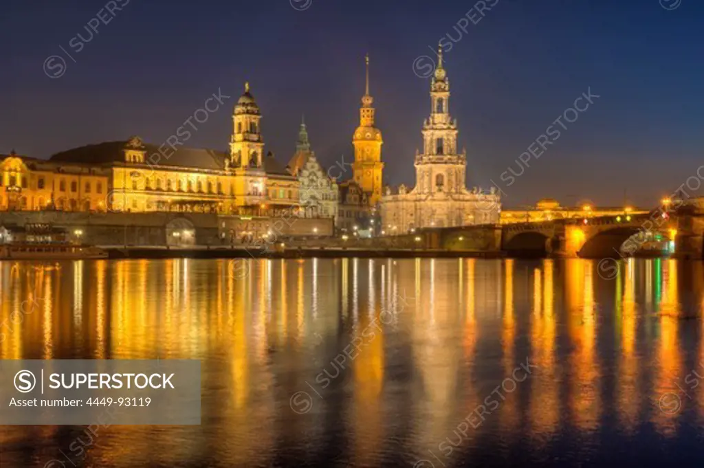 Elbe river with Dresden Castle and Hofkirche in the evening, Dresden, Saxony, Germany, Europe