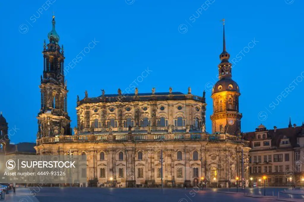 Hofkirche and Dresden Castle at dusk, Dresden, Saxony, Germany, Europe