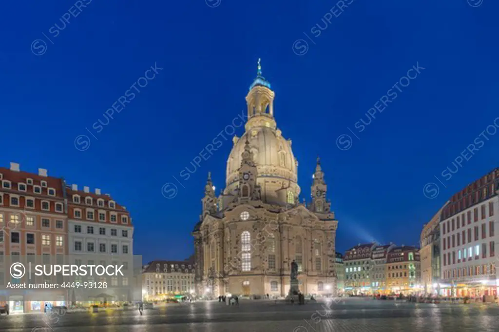 Frauenkirche with Neumarkt at dusk, Dresden, Saxony, Germany, Europe