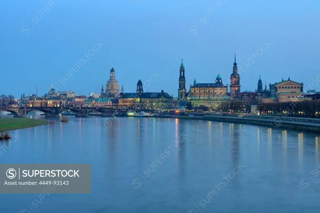 View of Frauenkirche, Dresden Castle, Hofkirche and Semper opera at dusk, Dresden, Saxony, Germany, Europe