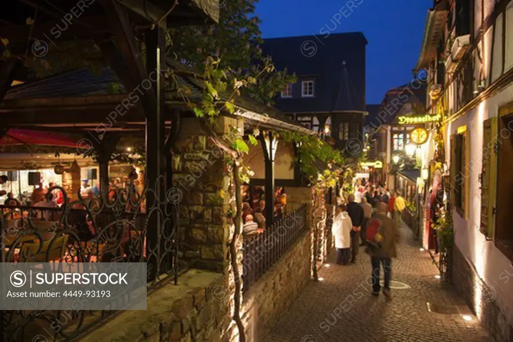 The legendary Drosselgasse alley with wine bars and restaurants in the evening, Rudesheim am Rhein, Hesse, Germany, Europe