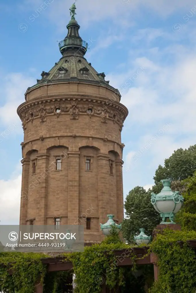 Fountains and water tower at the park, Mannheim, Baden-Wurttemberg, Germany, Europe