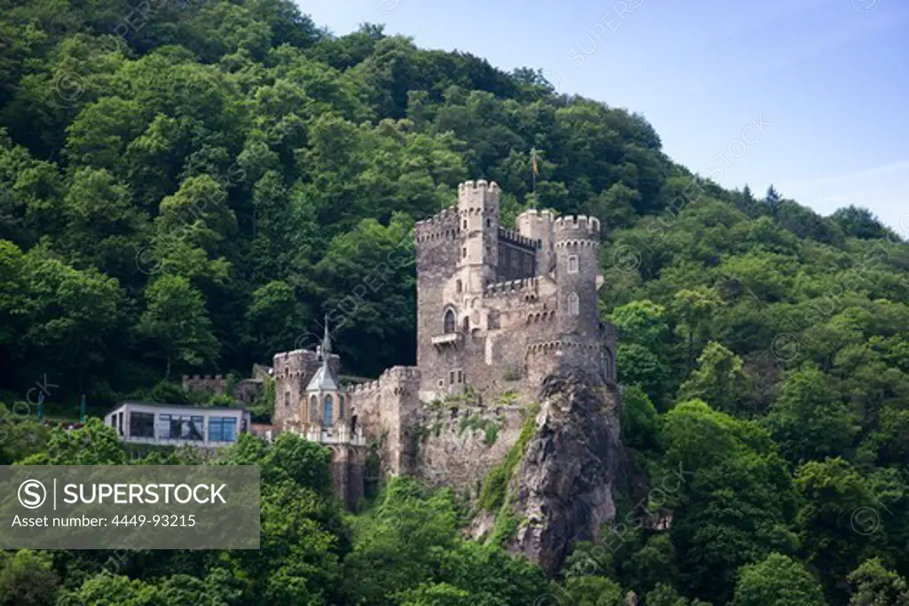 Rheinstein castle above the Rhine river valley, Sankt Goarshausen, Rhineland-Palatinate, Germany